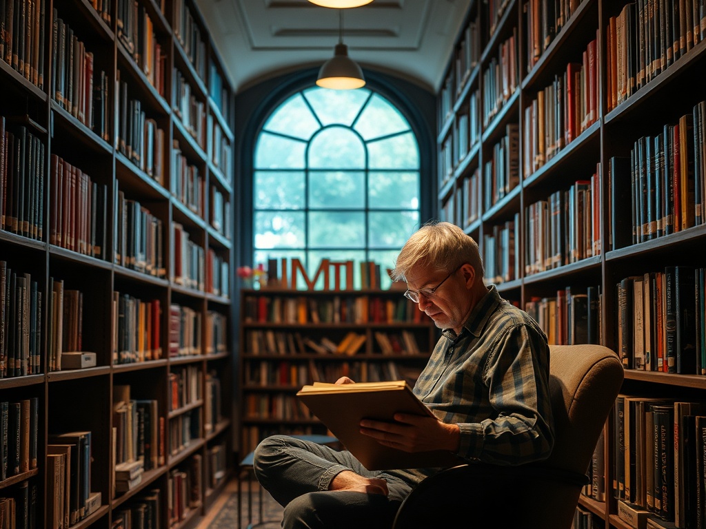 Пожилой мужчина читает книгу в уютной библиотеке среди полок с книгами. За окном виден свет.