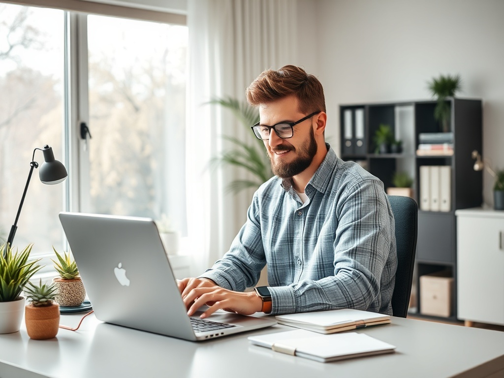 Мужчина в очках работает на ноутбуке в современном офисе, окруженном растениями и светом.