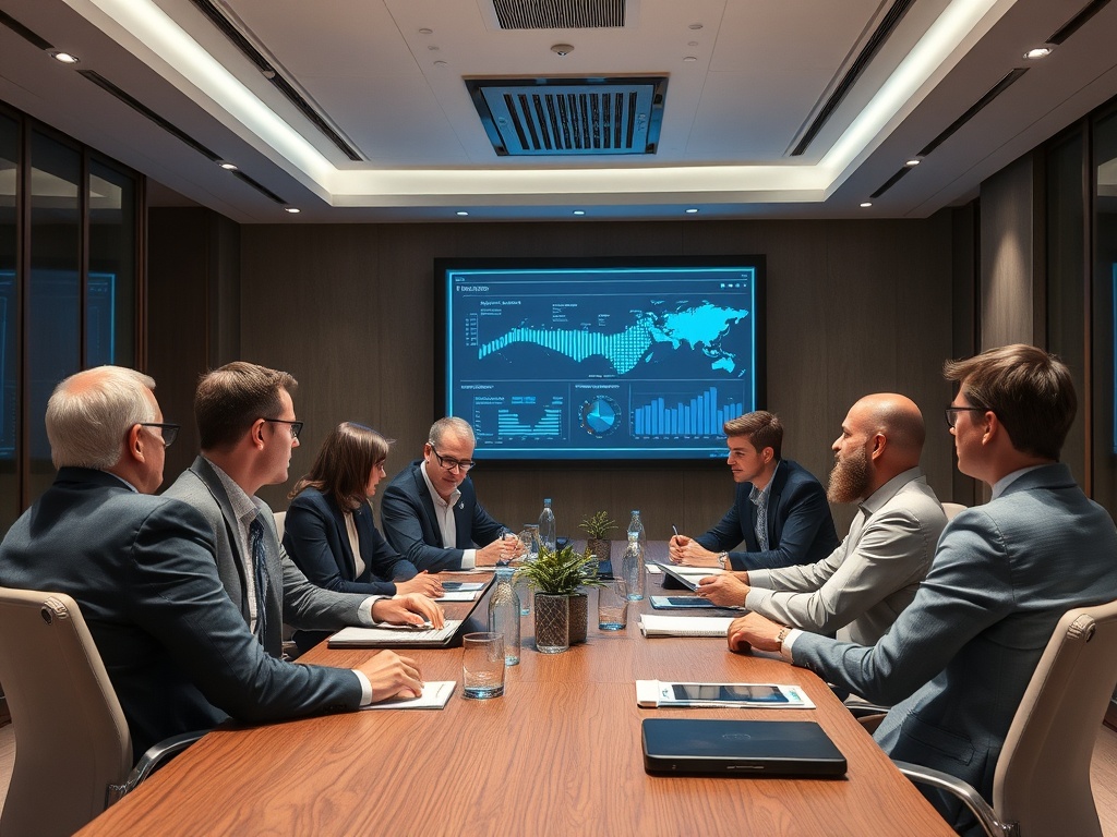 В современном конференц-зале группа людей обсуждает отчеты и данные на экране презентации.