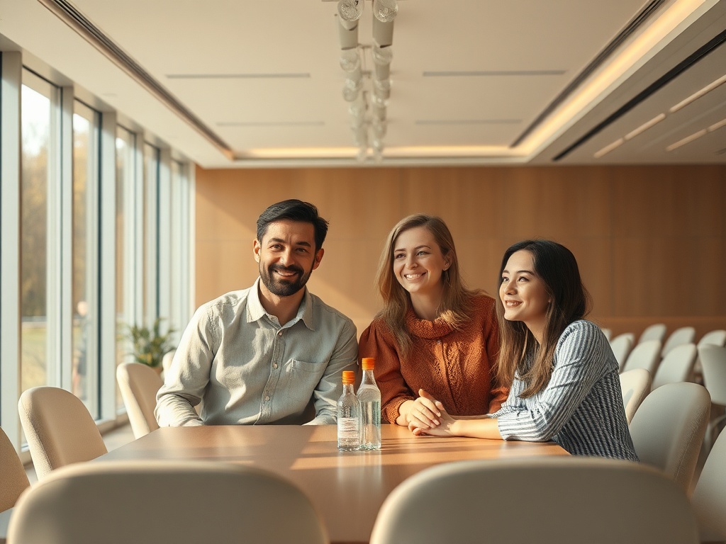 Трое молодых людей улыбаются за столом в светлом офисе с большими окнами. На столе бутылка воды.