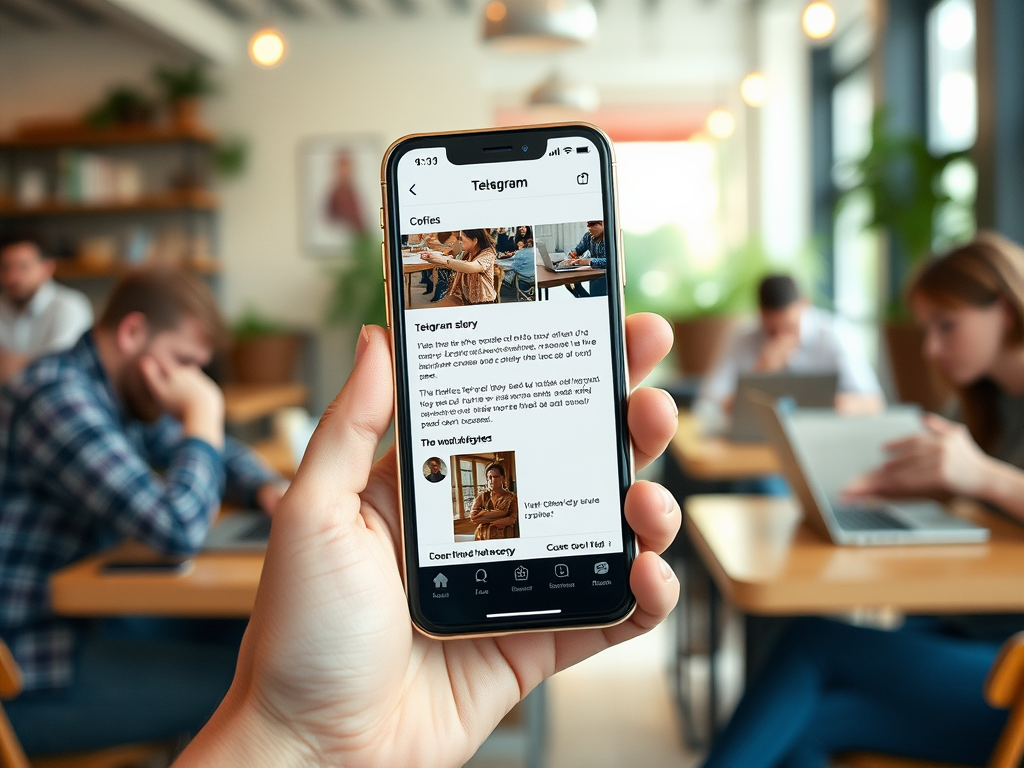 На изображении игроки в кафе, один человек держит телефон с открытым Telegram. В фоне люди работают за столами.