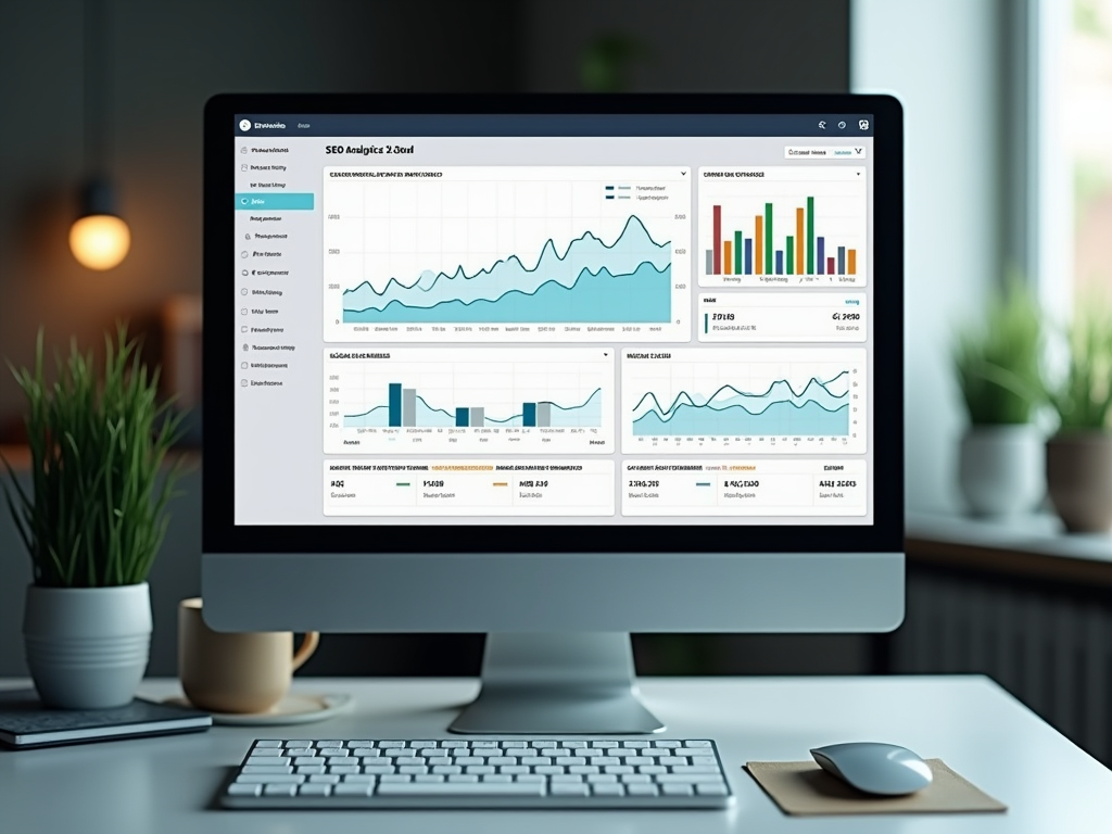 Компьютерный монитор с отображением аналитических данных SEO на рабочем столе.