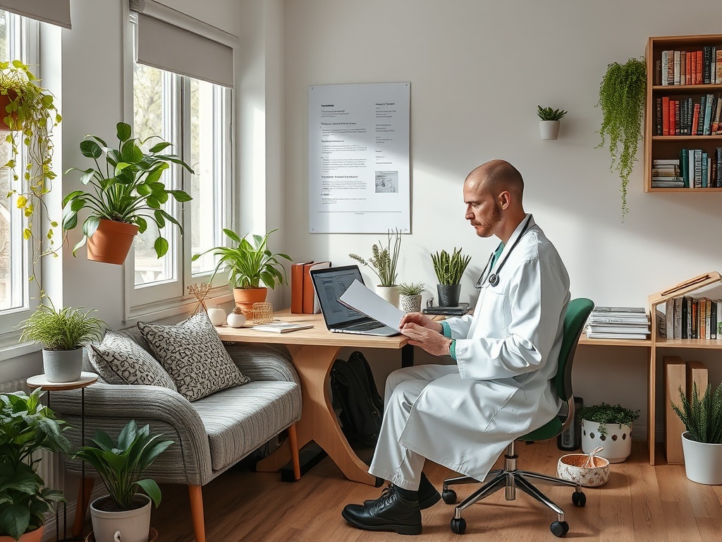 Врач в белом халате работает за столом в уютном кабинете, окружённом зелёными растениями.