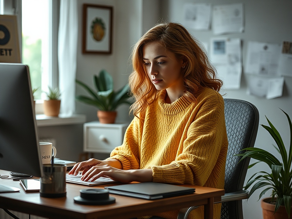 Молодая девушка в желтом свитере работает за компьютером в уютном офисе с растениями.