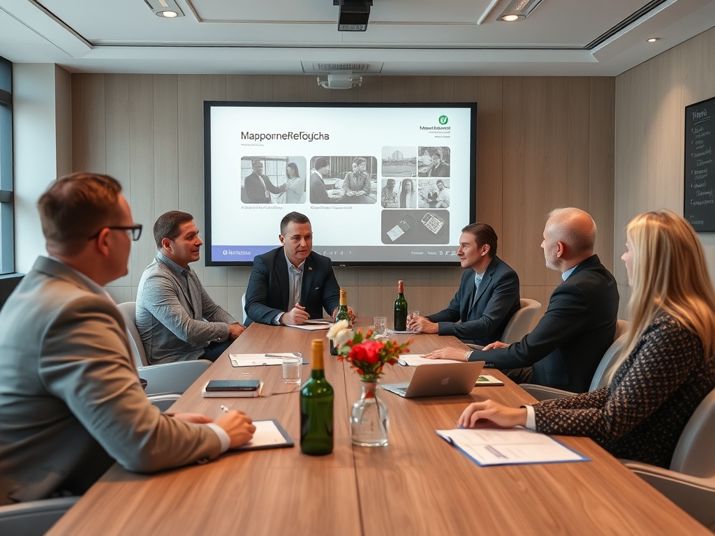 В комнате для переговоров группа людей обсуждает проект, за столом размещены цветы и напитки.