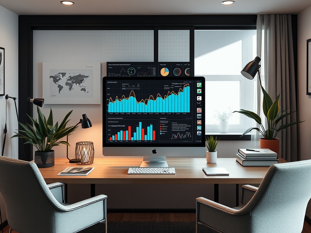 Кабинет с компьютером, графиками и растениями, освещенный естественным светом через окна.